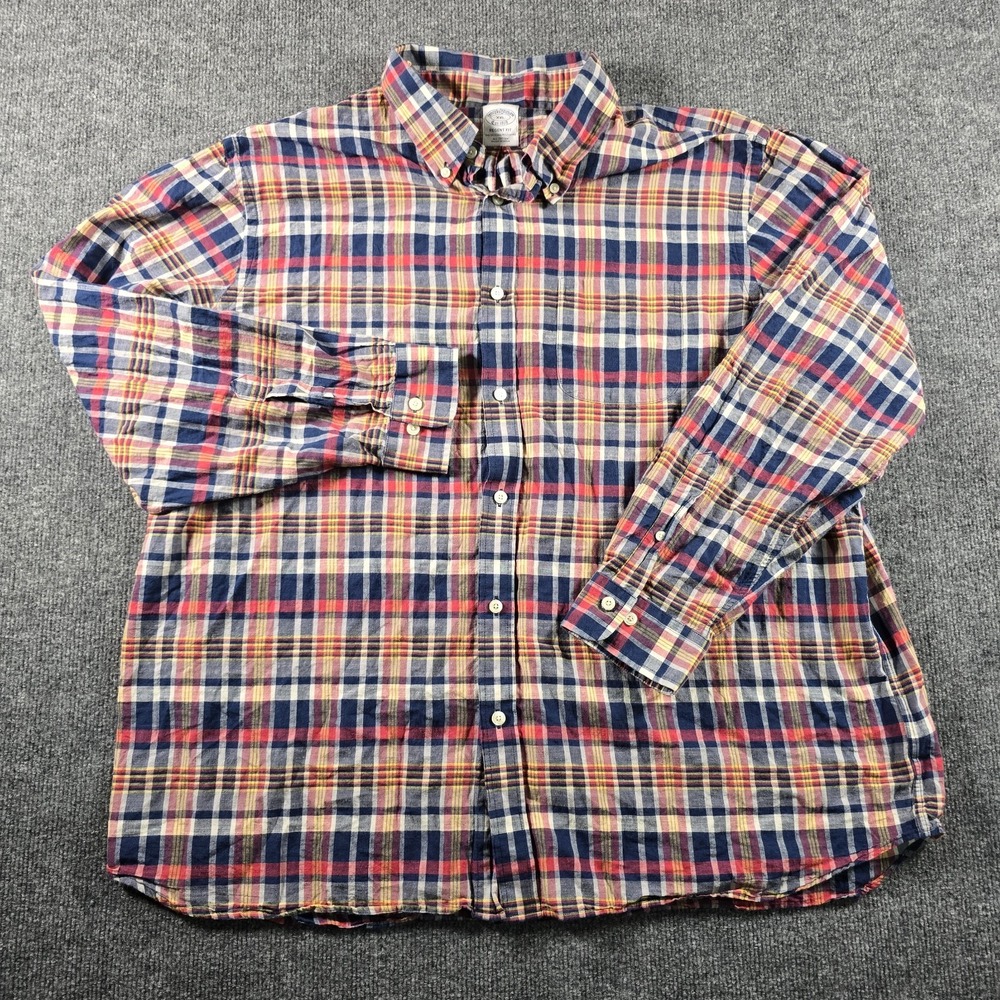 Brooks Brothers Shirt Mens XXL Red Blue Button Down Oxford Madras Plaid Regent